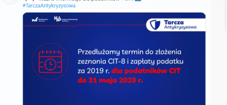 Wydłużenie terminu na złożenie CIT-8 za 2019 rok.!